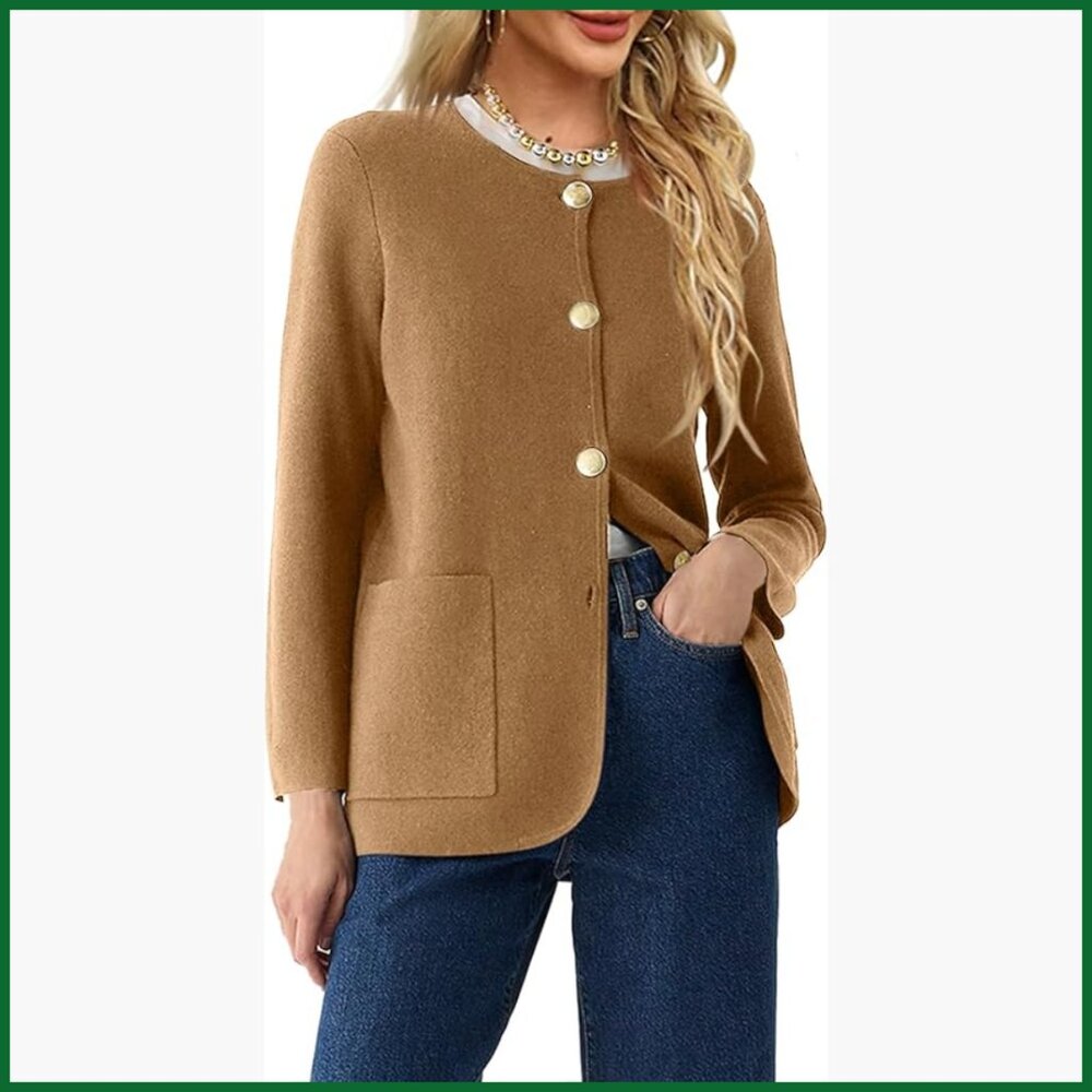 Crew Neck Button Down Cardigan Sweater with Pockets